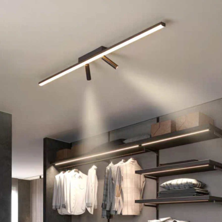 Minimalist Metal Linear Living Room Ceiling Light, Black,Trichromatic Light