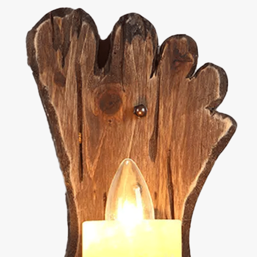 Cozy Metal And Pine Wood Footprints Candle Living Room Wall Lamp, Log Color