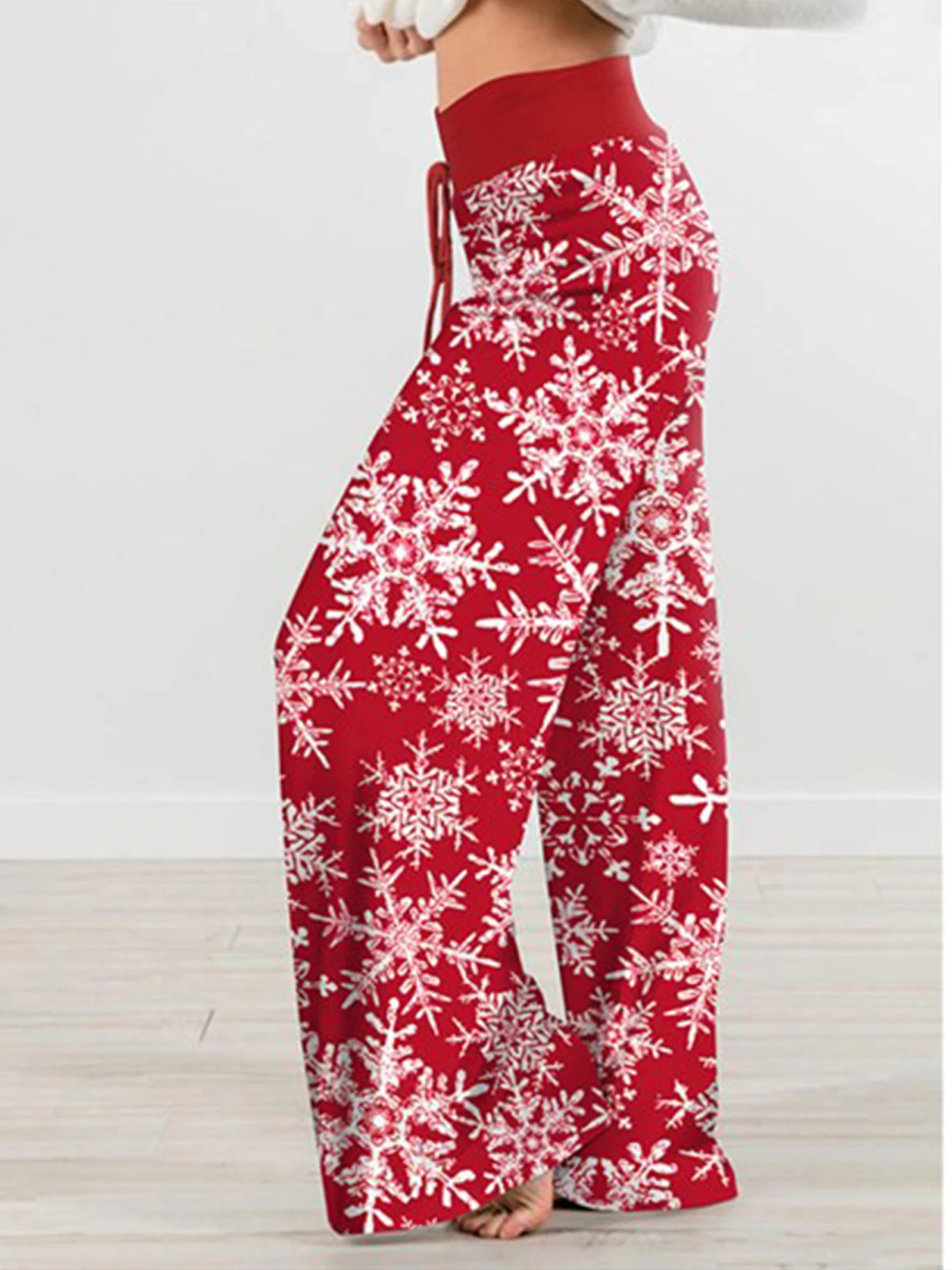 Women's Christmas Snowflake Print High Waisted Wide Leg Pants Casual Home Pants