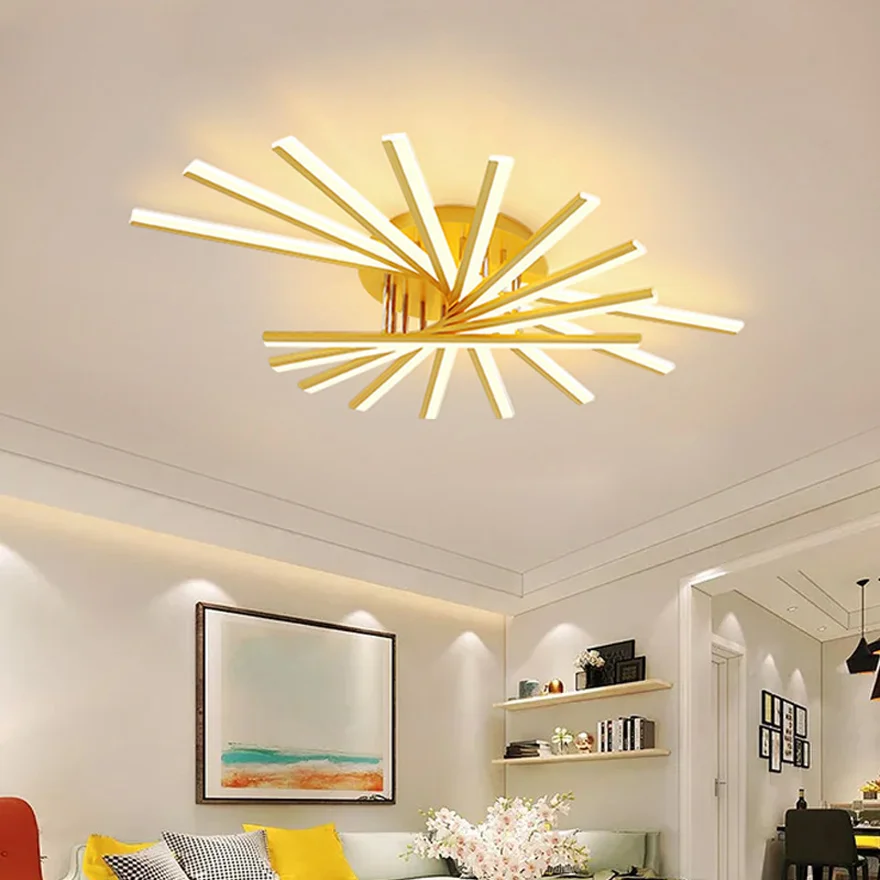 Contemporary Metal And Acrylic Linear Living Room Ceiling Light, Black/Gold/White, Trichromatic Light