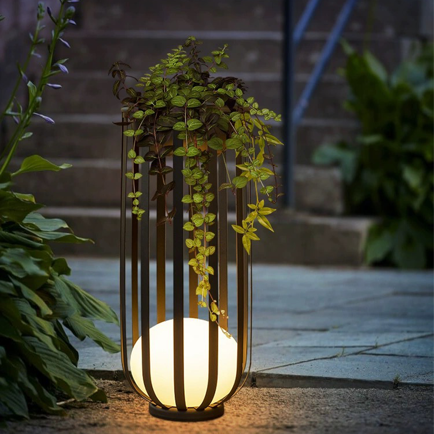 Modern Metal Lantern Outdoor Floor Lamp, Black