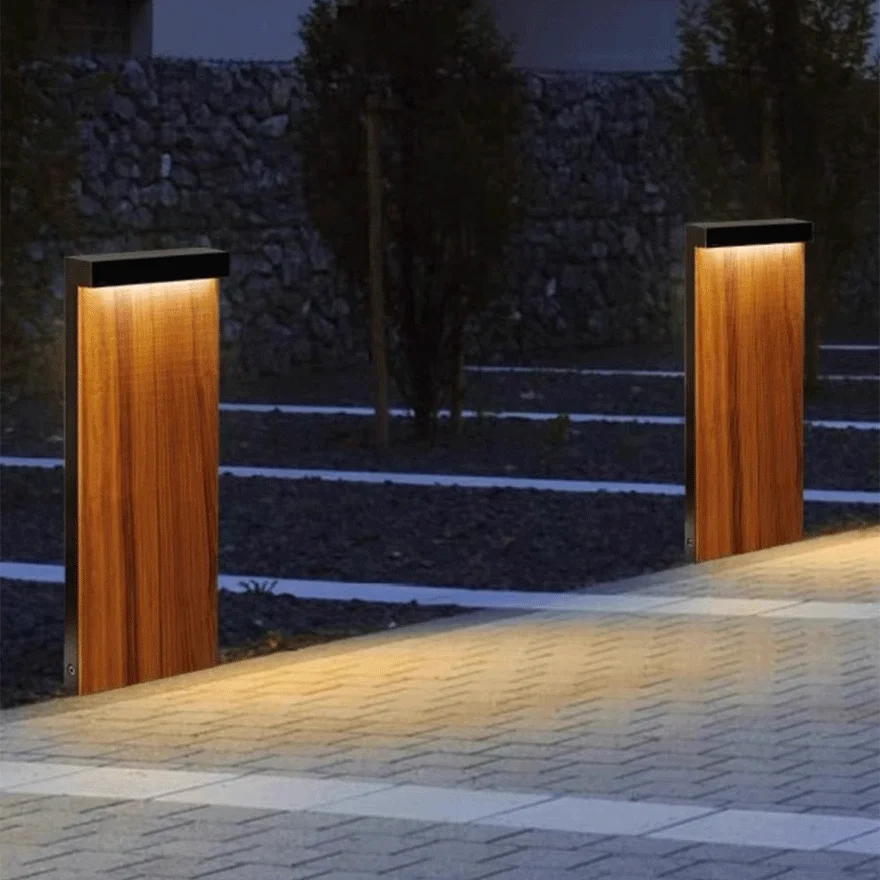 Minimalist Metal Rectangular Terrace Outdoor Lamp, Natural Wood