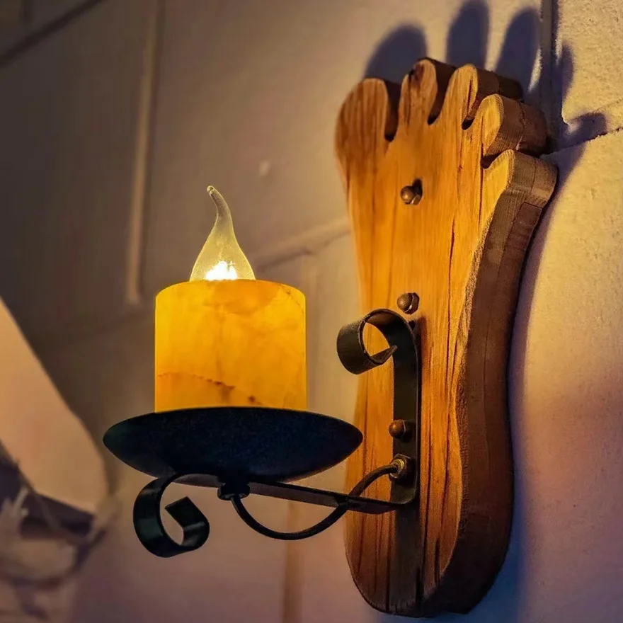 Cozy Metal And Pine Wood Footprints Candle Living Room Wall Lamp, Log Color