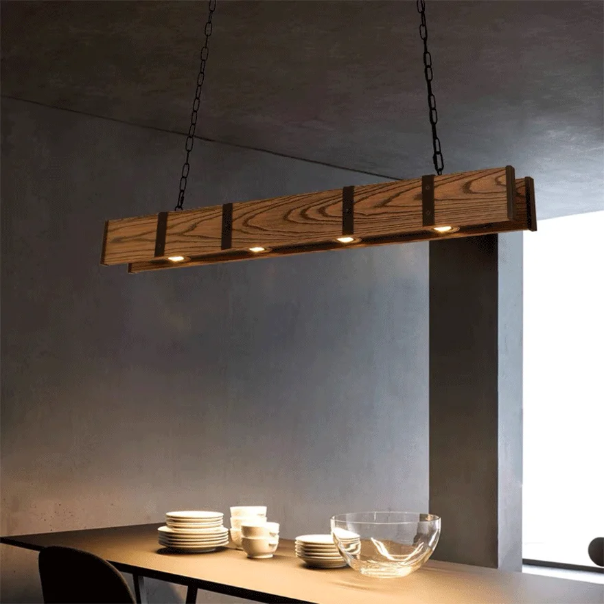 Retro Metal And Wooden Strip Dining Room Pendant Light, Log Color