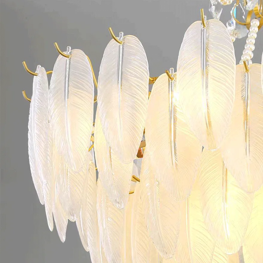 Decorative Pure Copper And Glass Feather Dining Room Chandelier Pendant Light, White, Trichromatic Light