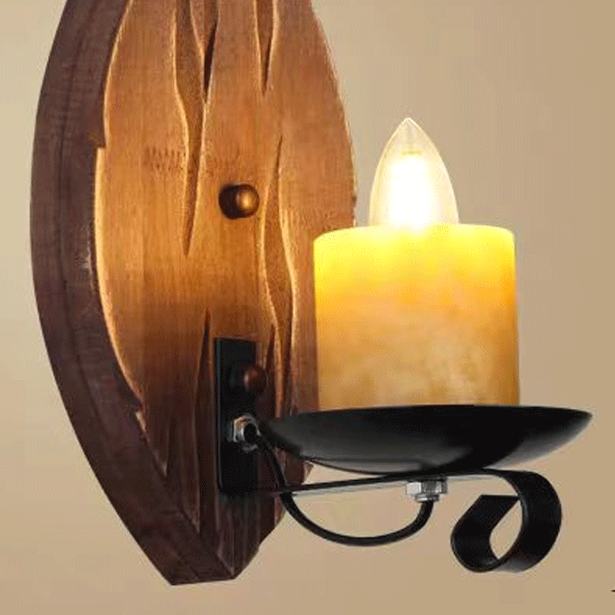 Industrial Wooden And Metal Candle Dining Room Wall Lamp, Pine Wood