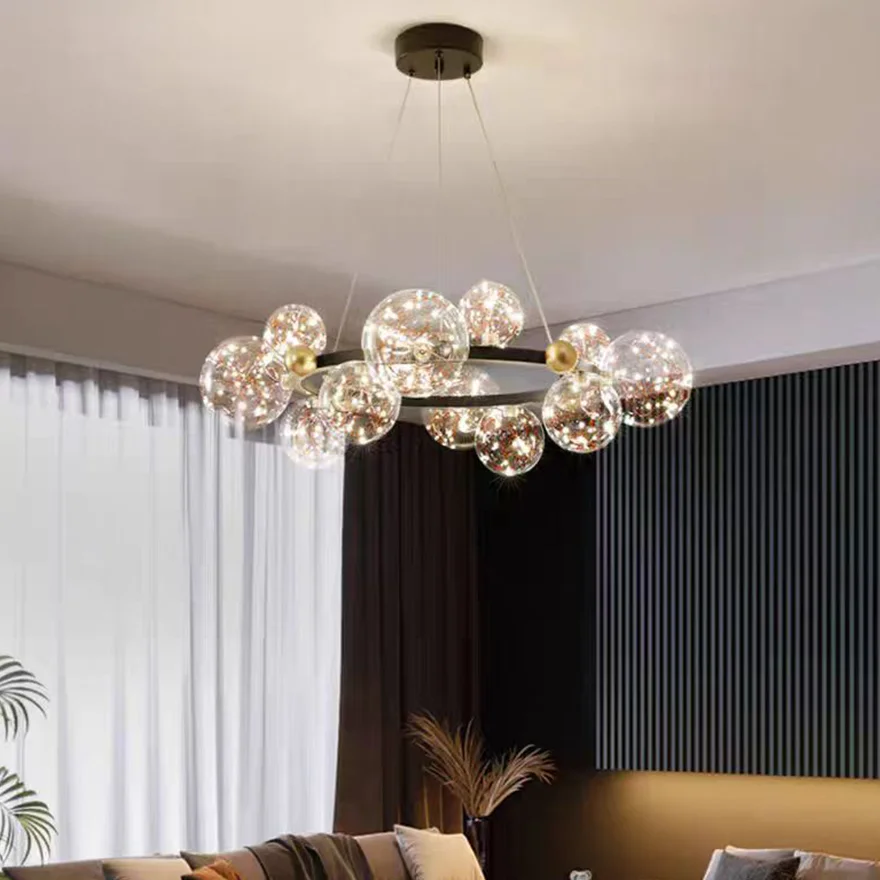 Modern Metal And Glass Bubble Living Room Pendant Light, Black/Gold