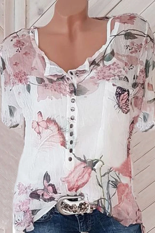 Floral Printed Short Sleeve Blouses