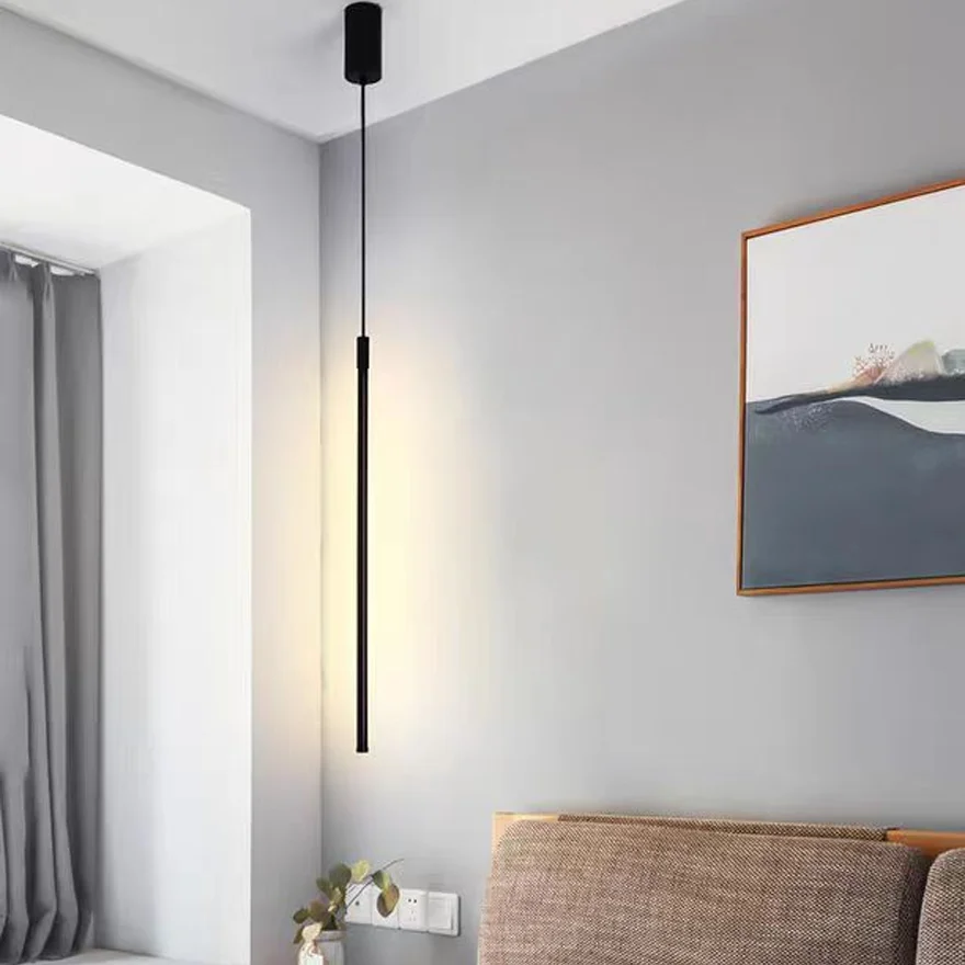 Modern Metal Linear Bedroom Pendant Light, Black, Trichromatic Light