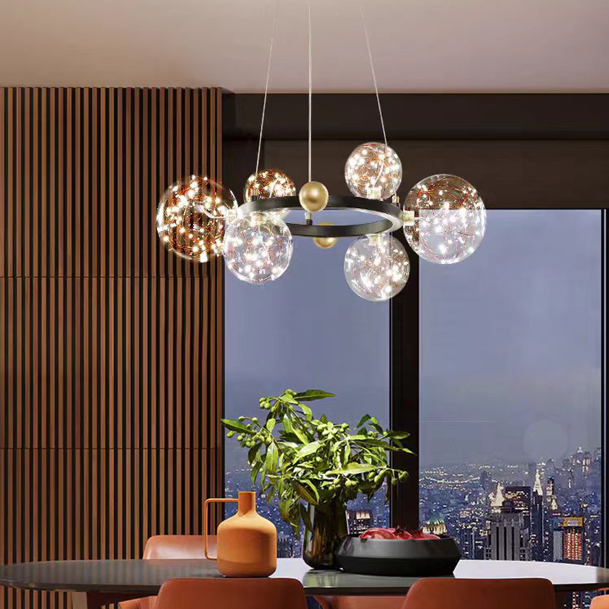 Modern Metal And Glass Bubble Living Room Pendant Light, Black/Gold