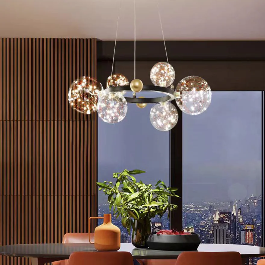 Modern Metal And Glass Bubble Living Room Pendant Light, Black/Gold