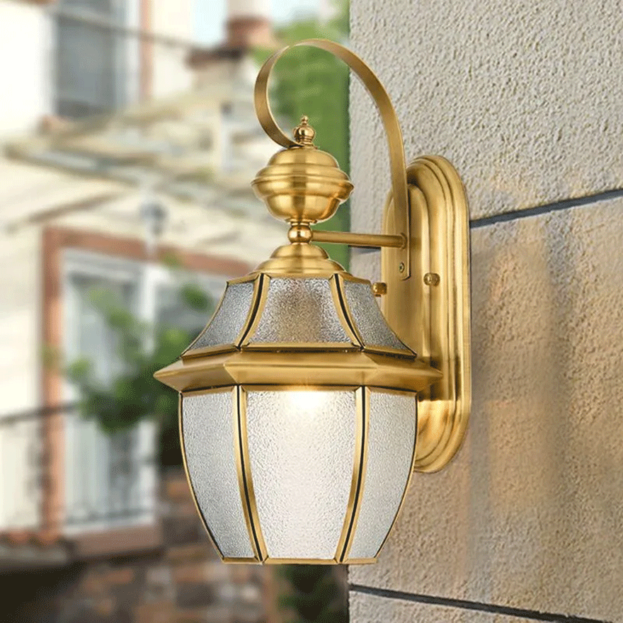 Designer  Metal And Glass Lantern Outdoor Wall Lamp, Gold