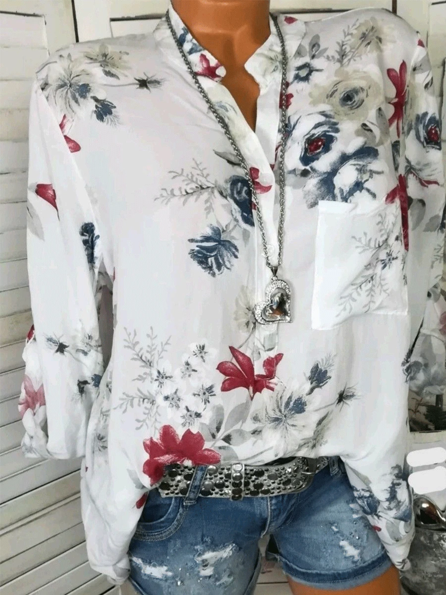 Autumn Spring Summer Cotton V-Neck Button Floral Printed Blouses