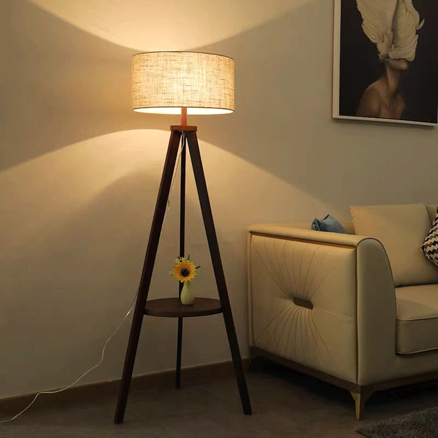 Vintage  Wooden And Fabric Tripod Living Room Floor Lamp, Walnut/Natural Wood