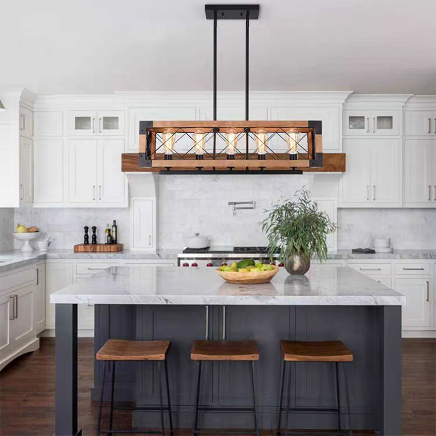 Unusual Wooden And Metal  Rectangular Kitchen Pendant Light, Natural Wood