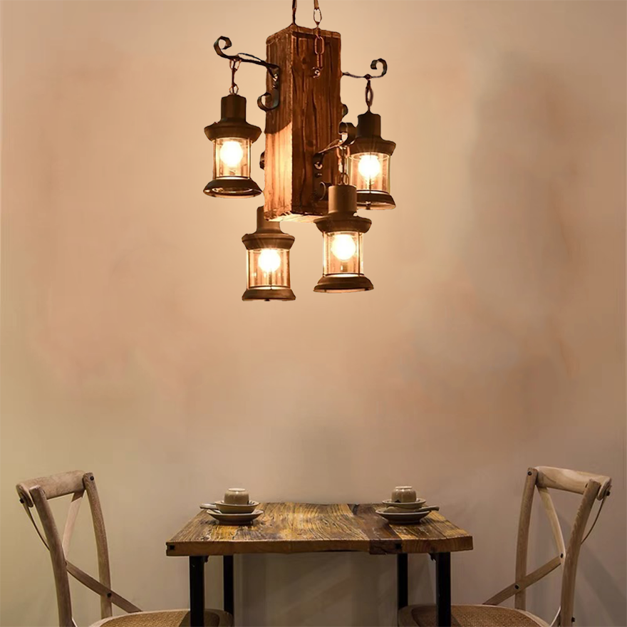 Rustic Metal And Wooden Rectangular Dining Room Pendant Light, Log Color