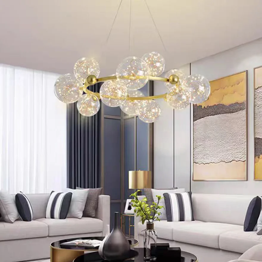 Modern Metal And Glass Bubble Living Room Pendant Light, Black/Gold