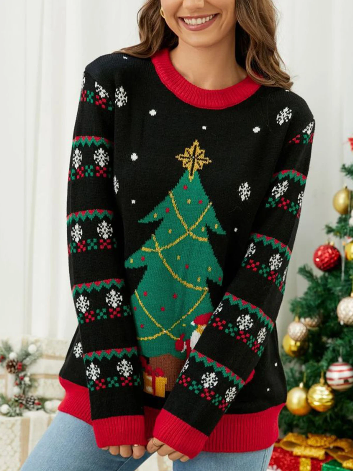 Women's Retro Jacquard Knitted Christmas Ugly Sweater Casual Sweater