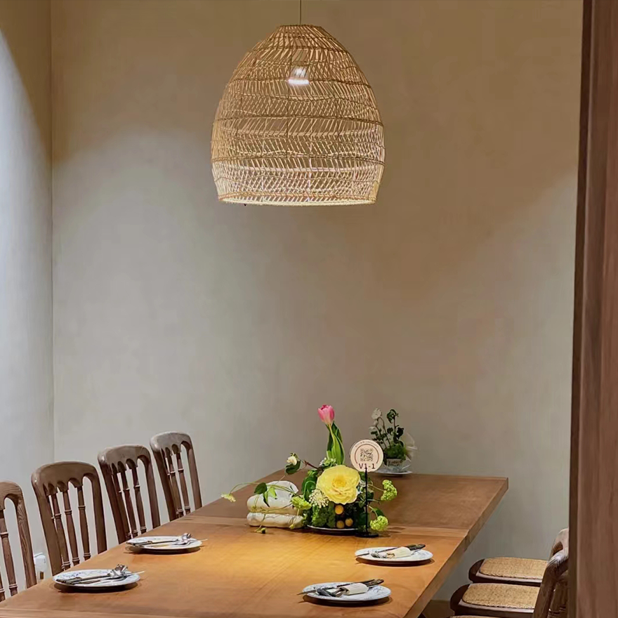 Rustic Metal And Rattan Conical Dining Room Pendant Light, Log Color