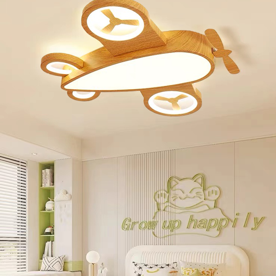 Designer Wooden And Acrylic Plane Children's Room Ceiling Light, Burlywood/Log Color, Trichromatic Light