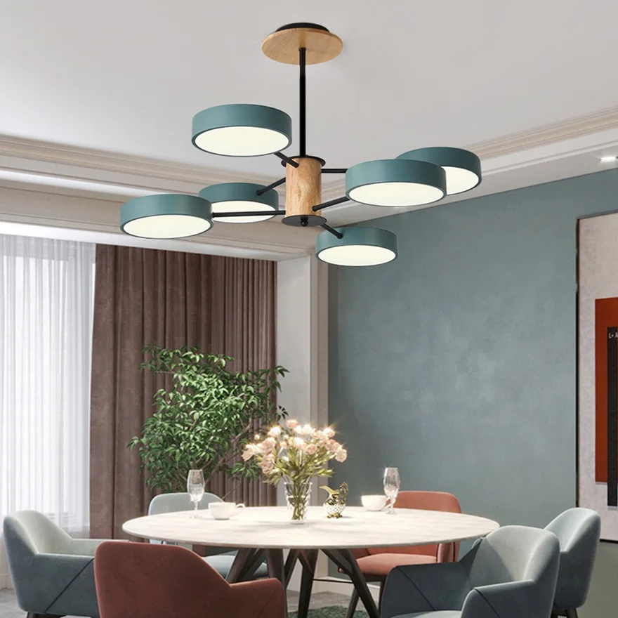 Modern Metal And Wood Round Study Room Pendant Light, Green/Grey/White