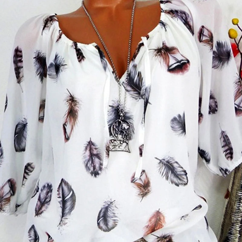 Autumn Spring Summer Cotton Women Tie Collar Feather Three-Quarter Sleeve Blouses