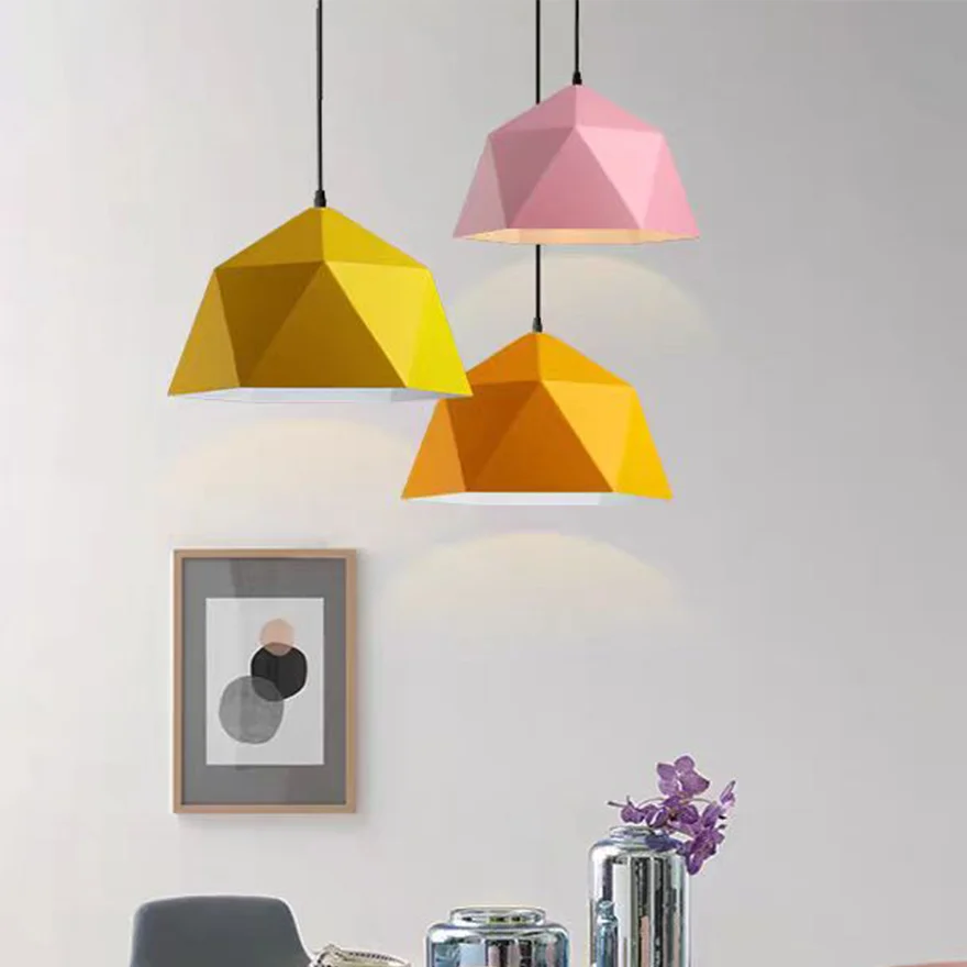 Modern Metal Polygonal Bedroom Pendant Light, 9 Color