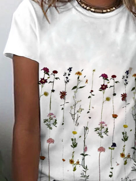 Floral Print Crew Neck Short Sleeves T-shirt