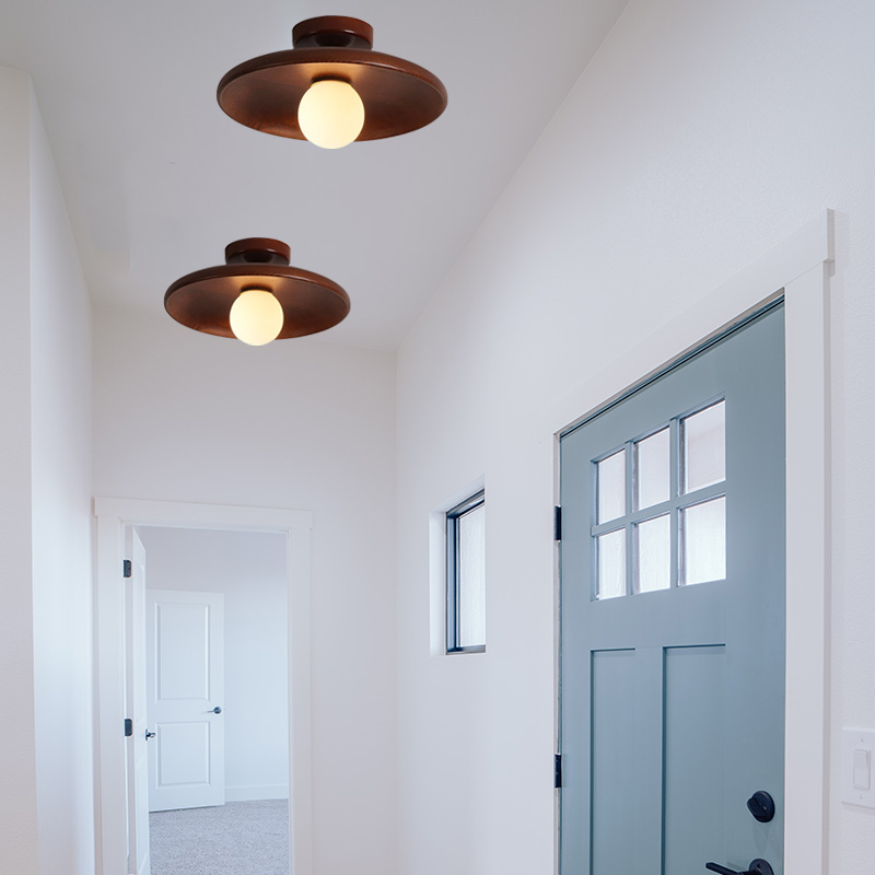 Rustic Wooden And Glass Hooded Kitchen Ceiling Light, Walnut/Wood