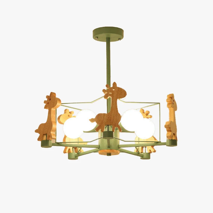 Art Deco Wooden And Metal Giraffe Children's Room Ceiling Light, Gray/Green/Pink, Trichromatic Light