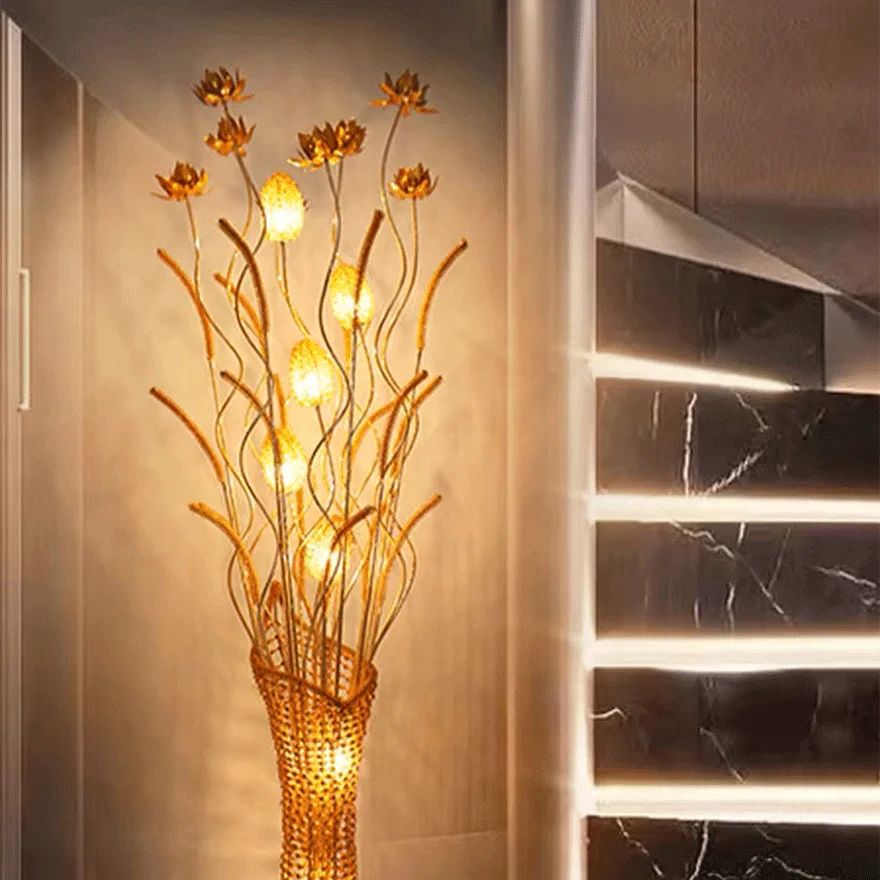 Designer Metal  Flower Vase Living Room Floor Lamp, Gold