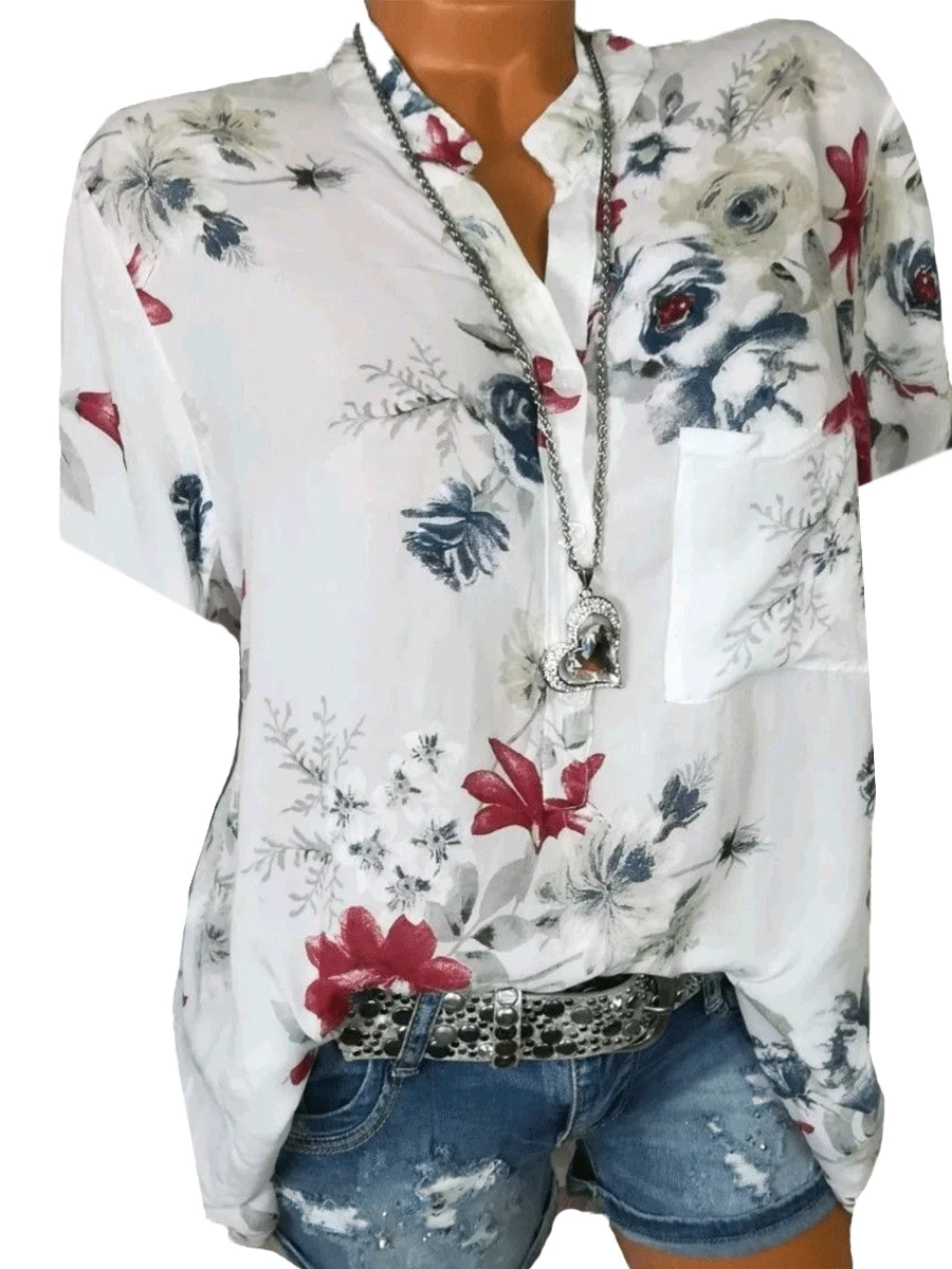 Band Collar Loose Fitting Print Blouses