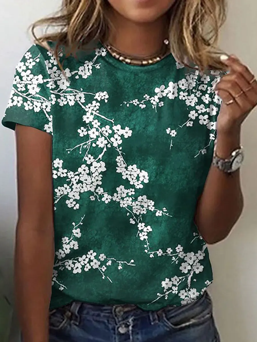 Round Neck Casual Loose Floral Print Short Sleeve T-shirt