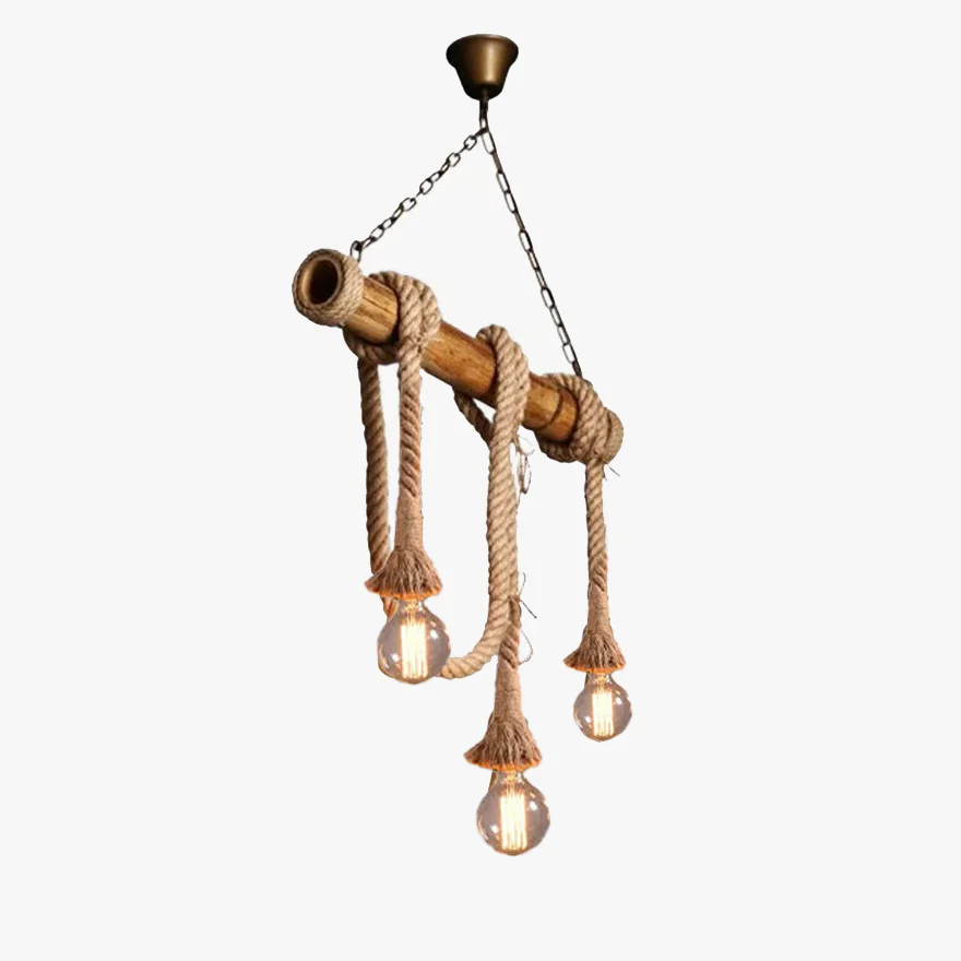 Rustic Hemp Rope And Metal  Strip Dining Room Pendant Light, Log Color