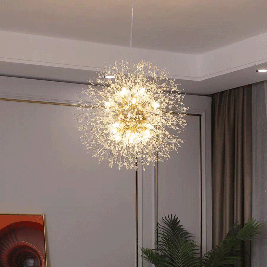 Modern Metal And Crystal Dandelion Bedroom Chandelier Pendant Light, Chrome/Gold