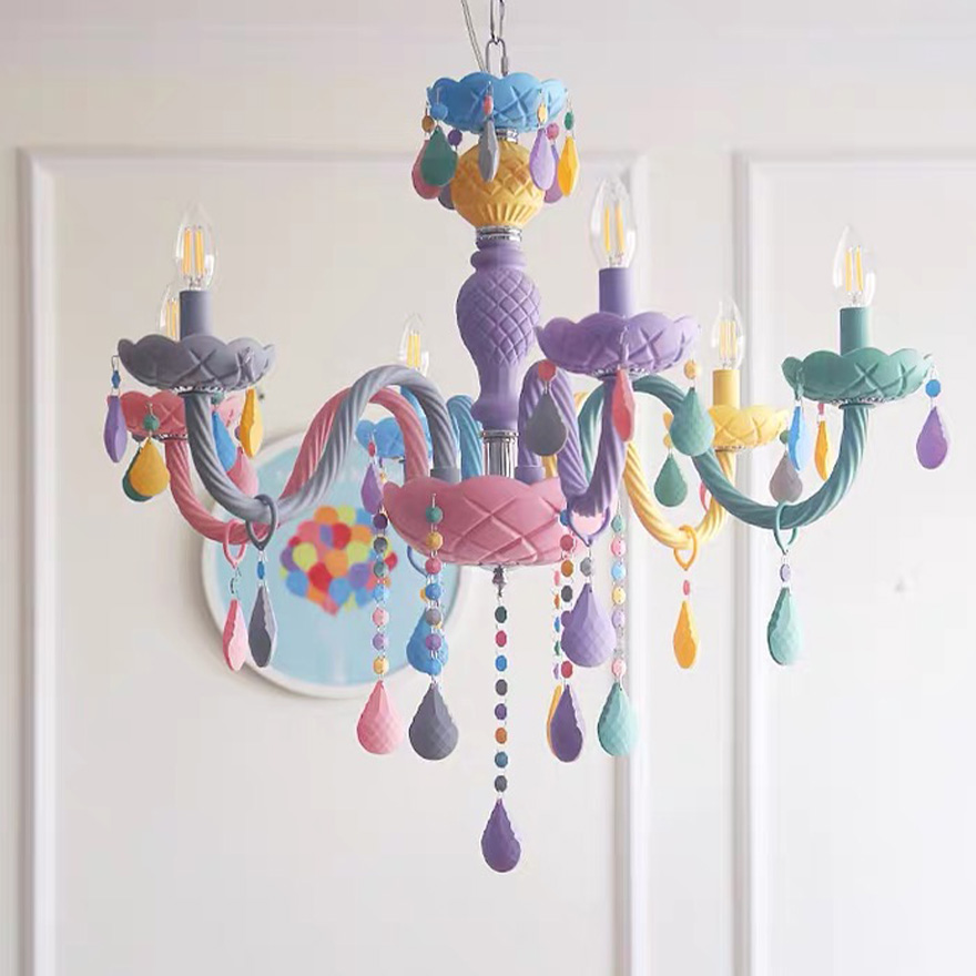 Morandi Metal Candle Children's Room Chandelier Pendant Light, Multicolor, Trichromatic Light