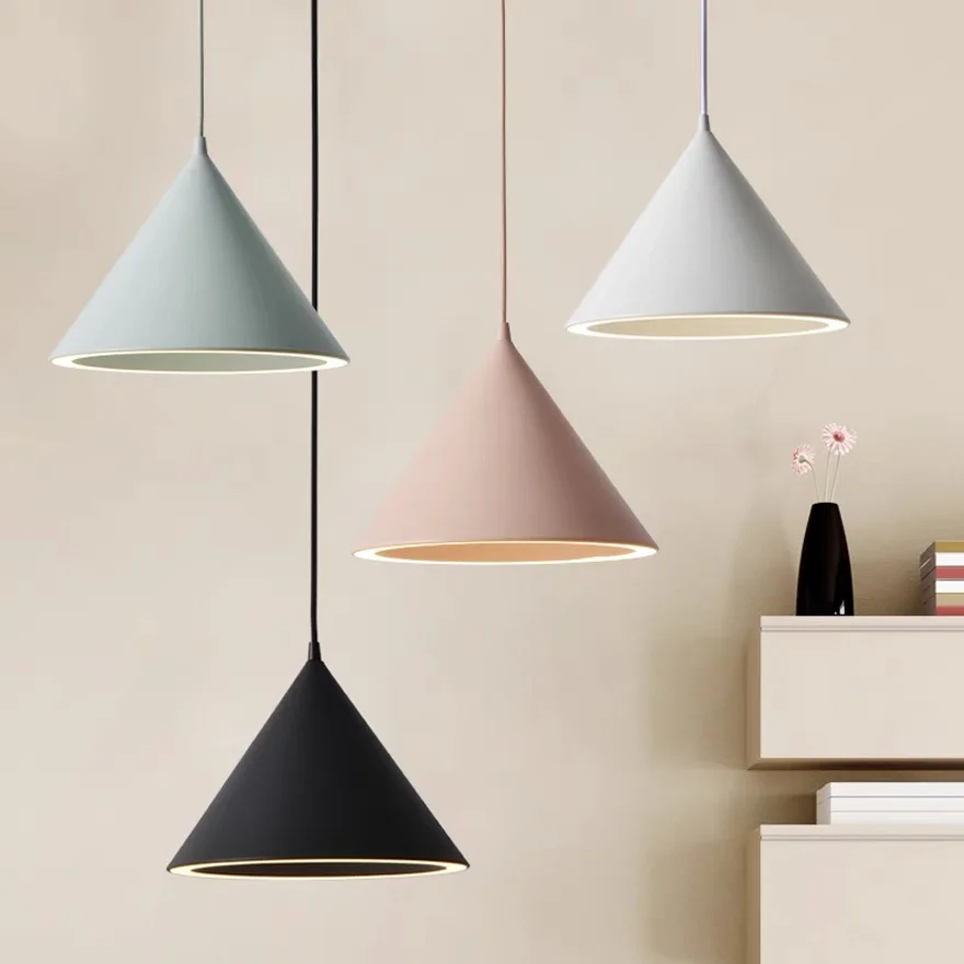 Morandi Metal And Acrylic Conical Bedroom Pendant Light, 6 Color, Trichromatic Light