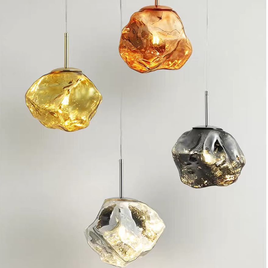 Designer Metal And Glass Rocky Kitchen Island Pendant Light, Gold/Rose gold/Silver/Smoke Gray