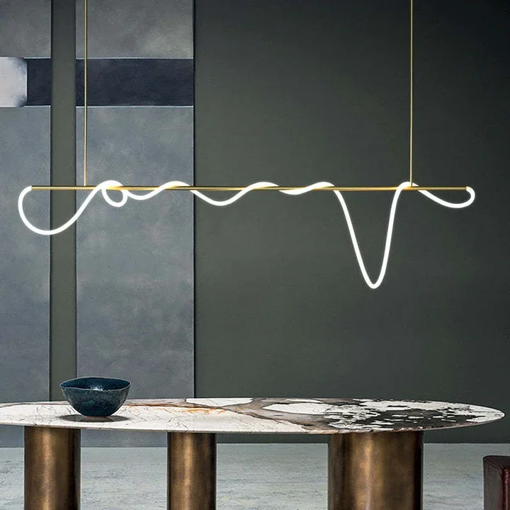 Designer Metal Linear And Wave Living Room Pendant Light, Black/Gold