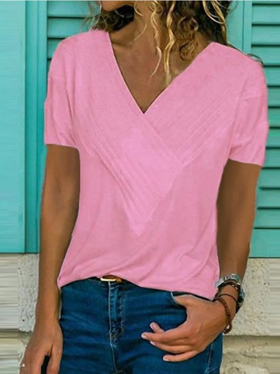 Casual V-neck Solid Color Short Sleeve T-Shirt