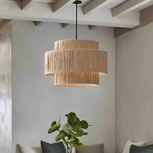 Boho Metal And Rattan Lantern Kitchen Pendant Light, Log Color