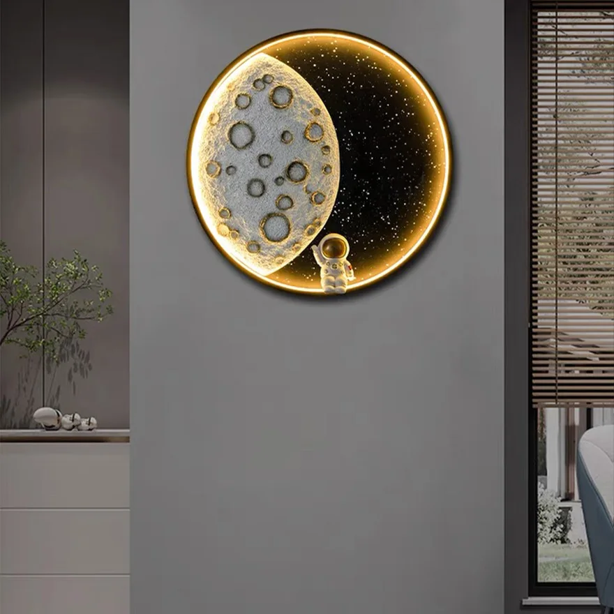 Designer Metal Astronaut Moon Children's Room Wall Lamp, Black, Trichromatic Light