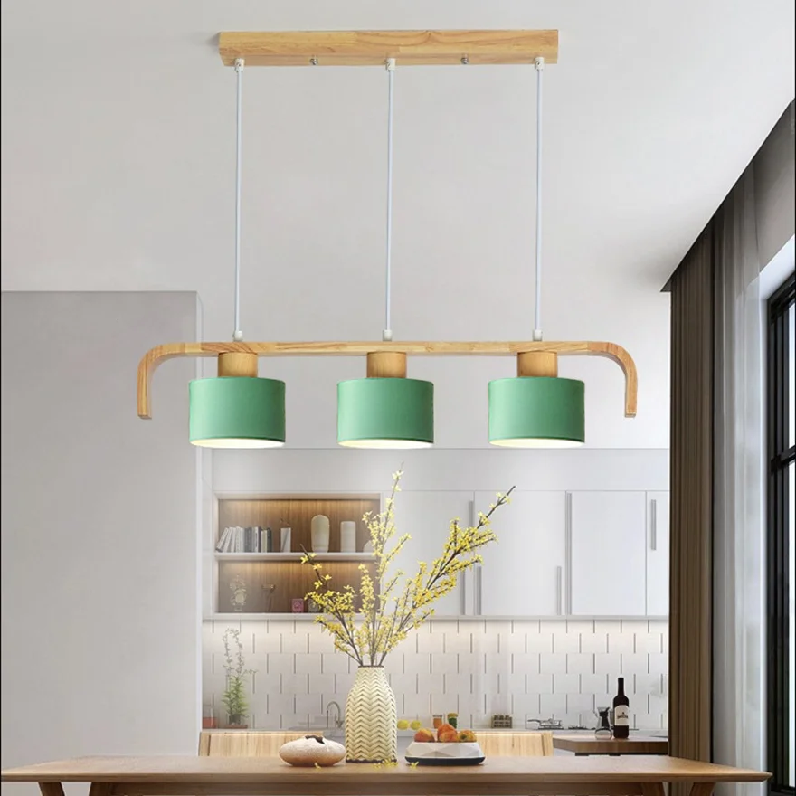 Morandi Wooden And Metal Linear Study Room Pendant Light, Green/Grey/White