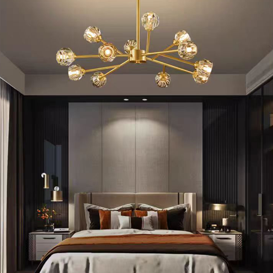 Modern Metal And Crystal Uneven Bedroom Chandeliers Pendant Light, Gold, Trichromatic Light