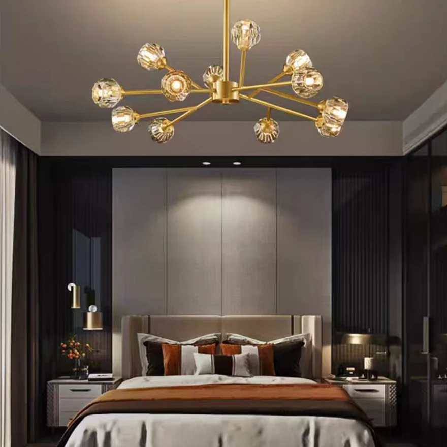 Modern Metal And Crystal Uneven Bedroom Chandeliers Pendant Light, Gold, Trichromatic Light