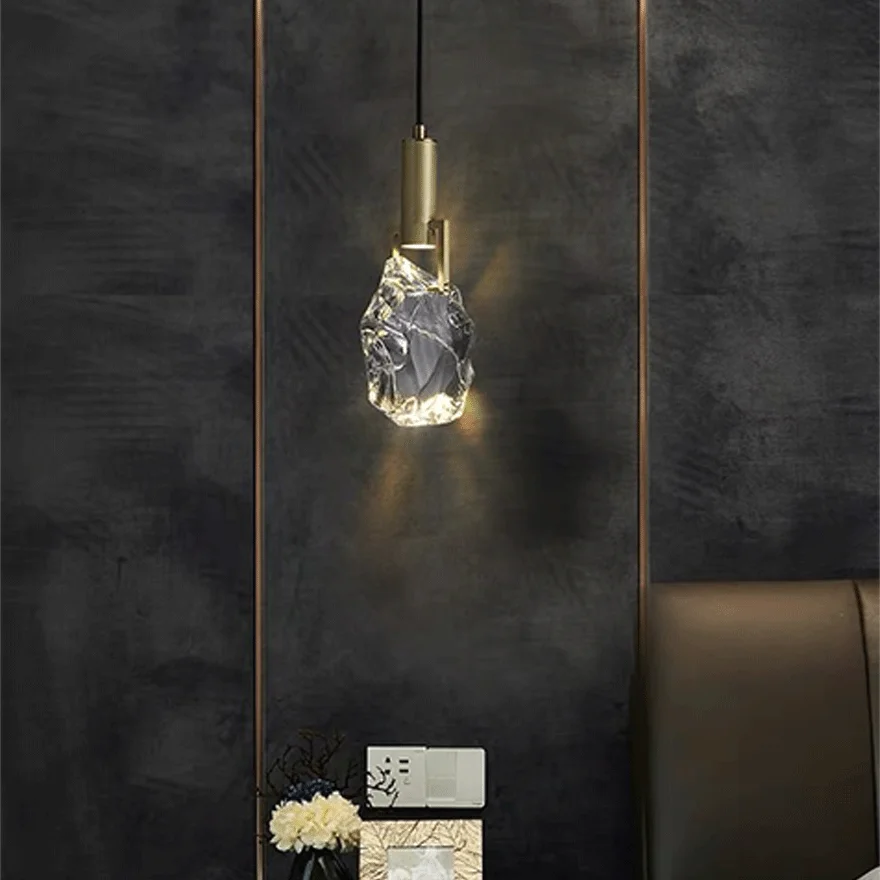 Modern Metal And Crystal Uneven Bedroom Pendant Light, Brass