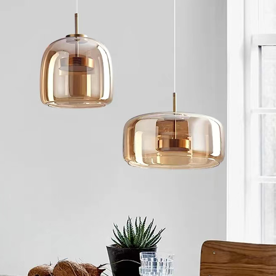 Classical Metal And Glass Drum Living room Pendant Light, Amber/Clear/Smoky Grey, Adjustable