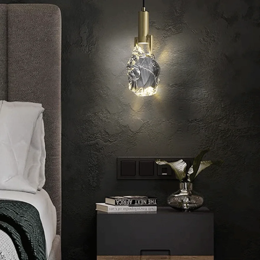 Modern Metal And Crystal Uneven Bedroom Pendant Light, Brass