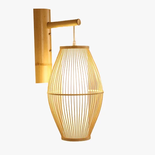 Boho Rattan And Acrylic Lantern Dining Room Wall Lamp, Natural Wood