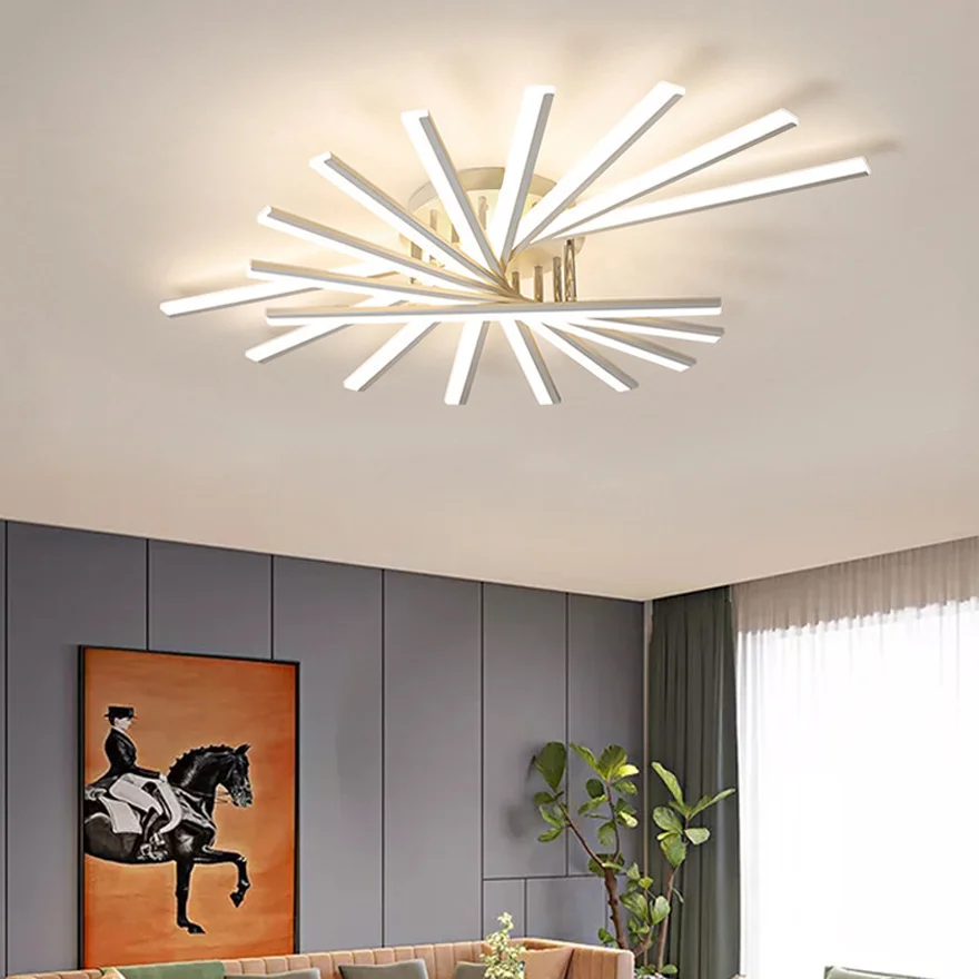 Contemporary Metal And Acrylic Linear Living Room Ceiling Light, Black/Gold/White, Trichromatic Light